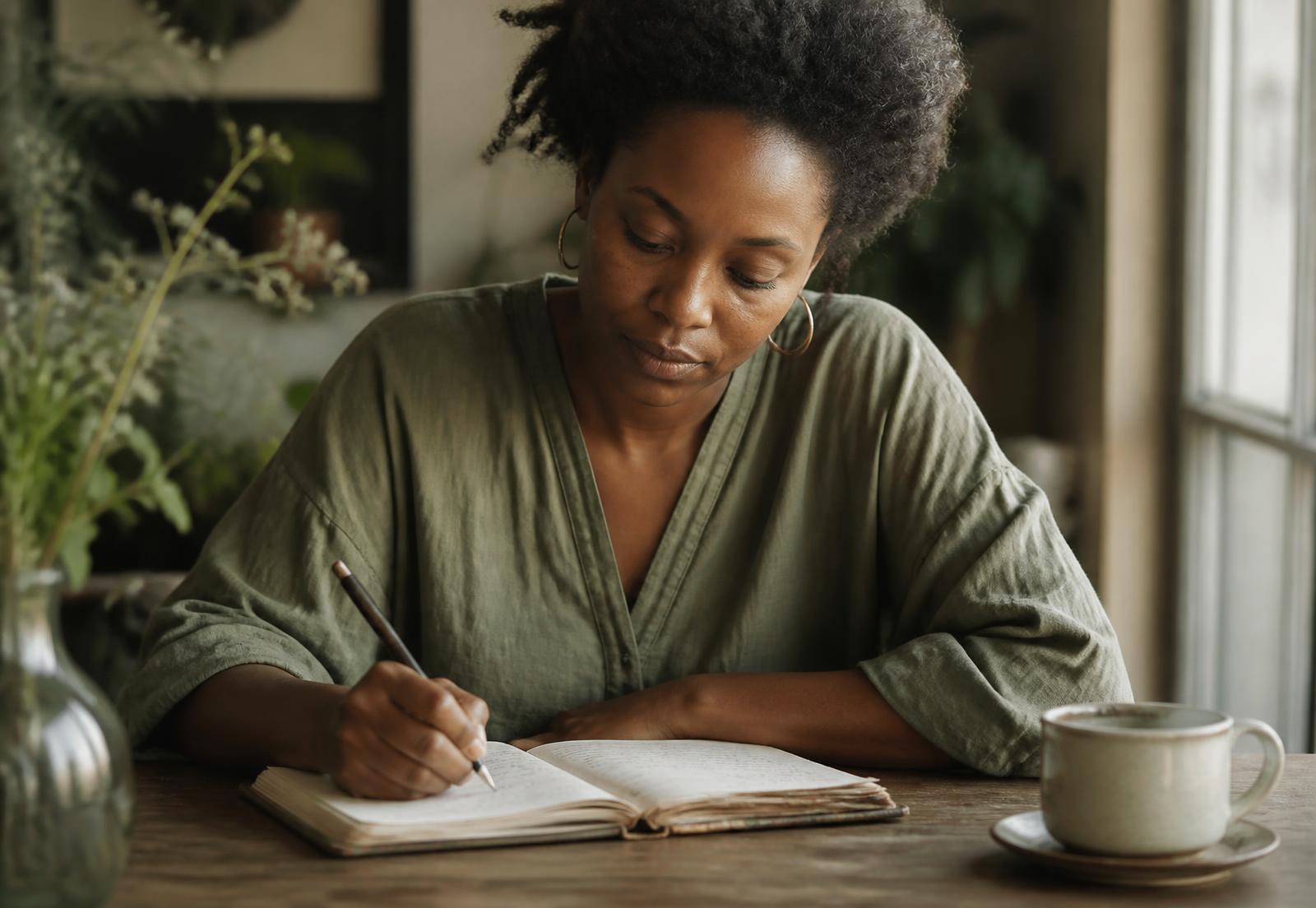 A woman writing thoughtfully in a worn notebook in soft window light